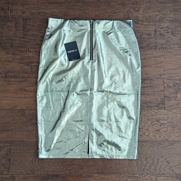 Forever 21 Metallic Silver Pencil Skirt L NWT Y2K Party Festival Rave - Picture 3 of 7